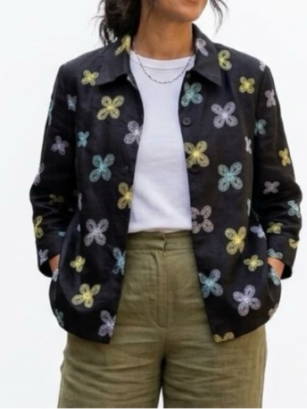 SILKLAND Vintage Women Black 100% Ramie  Linen Embroidered Flower Shirt Jacket 6